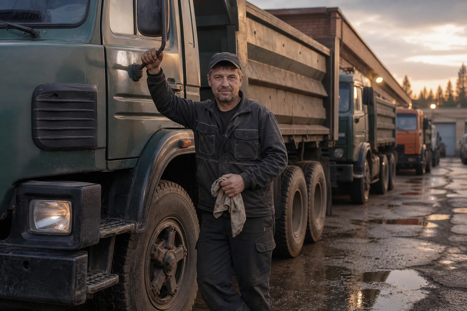 Водитель у КамАЗа на провинциальной автобазе
