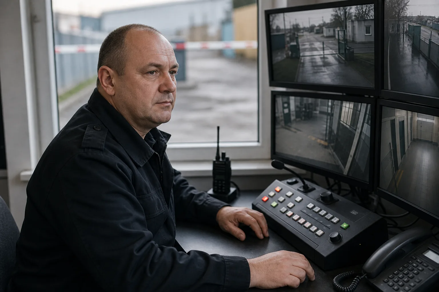 Сотрудник охраны у контрольно-пропускного пункта